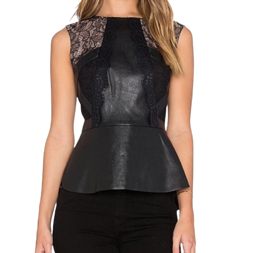 BCBGMAXAZRIA Laine Faux Leather Peplum Top Size S